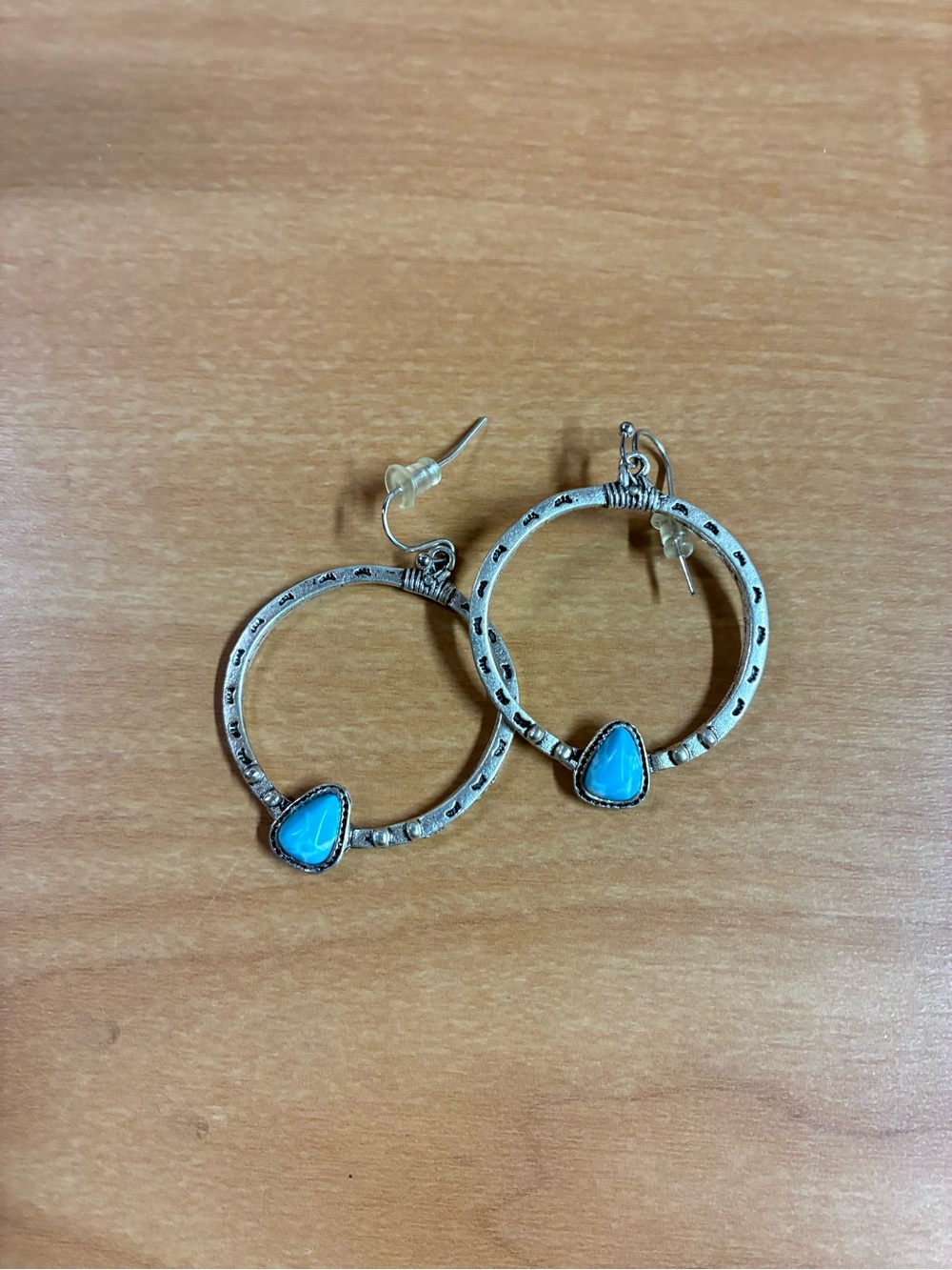 Silver-Tone Hoop Earrings with Bright Turquoise Teardrop
